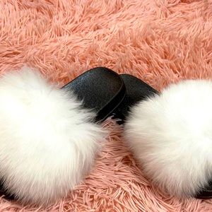 White and Black Fur Slides Size 8